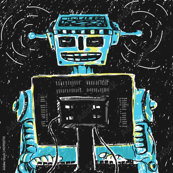 Fototapeta Robot and Computer Vector Illustration