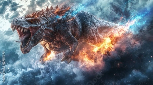 Fototapeta Fiery Ice Dragon Soaring Through Stormy Sky