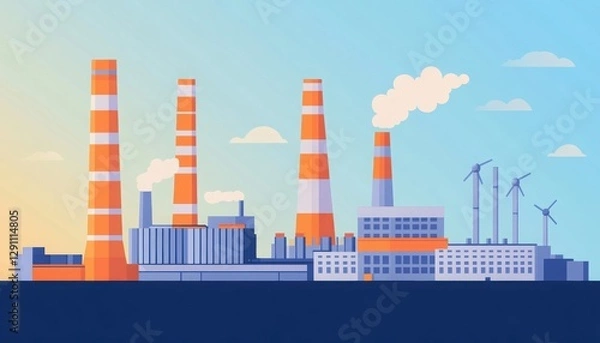 Fototapeta An illustrated industrial landscape featuring factories, smokestacks, and wind turbines under a vibrant sky.