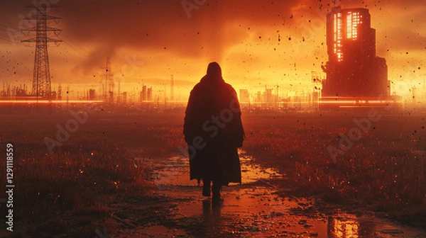 Fototapeta Hooded figure walks toward a dystopian cityscape at sunset, surrounded by industrial ruins, glowing lights, and falling debris