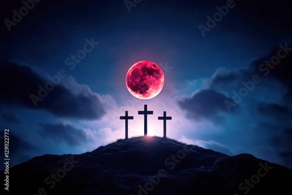 Fototapeta Three crosses on a hill under a blood moon. Silhouettes of three crosses beneath a red full moon.