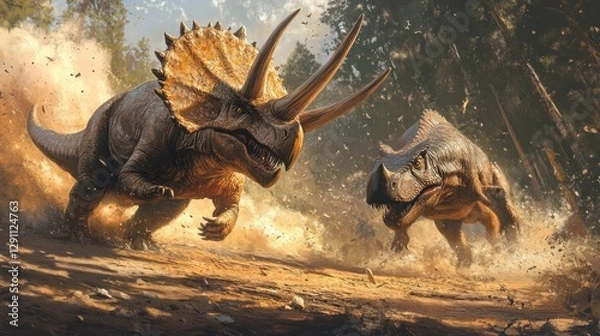 Fototapeta Two Dinosaurs Clashing In A Dusty Forest Sunlight Dramatic Scene