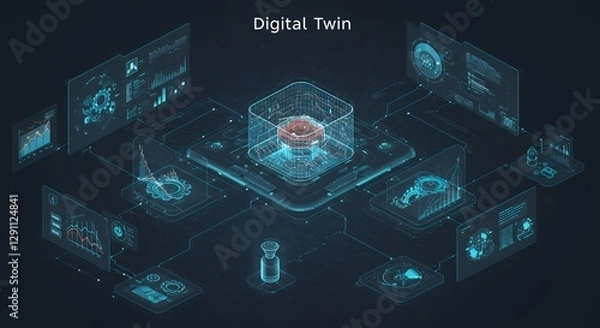 Fototapeta Illustration visualizing digital twin technology, featuring real-time virtual simulations, AI-driven analysis, and industrial applications.