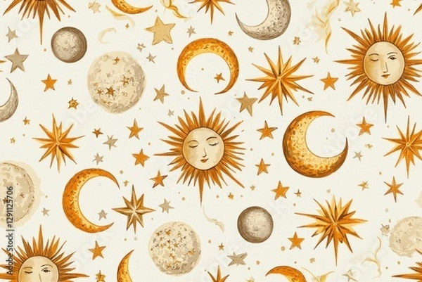 Fototapeta Abstract celestial pattern with golden sun, moon, and star illustrations, perfect for fabric design or wallpaper Dreamy, artistic, and seasonal