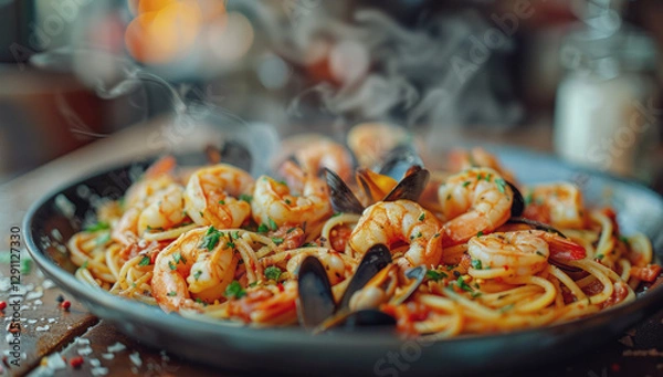 Obraz Hot plate of spaghetti with large shrimp and mussels perfectly cooked pasta served with juicy flavorful pieces of seafood and a rich marinara sauce on the table.  Selective focus