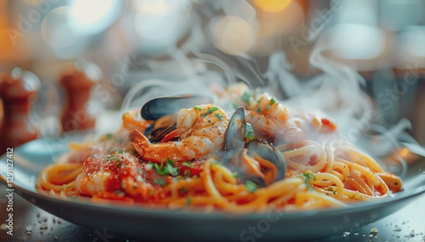 Obraz Hot plate of spaghetti with large shrimp and mussels perfectly cooked pasta served with juicy flavorful pieces of seafood and a rich marinara sauce on the table.  Selective focus