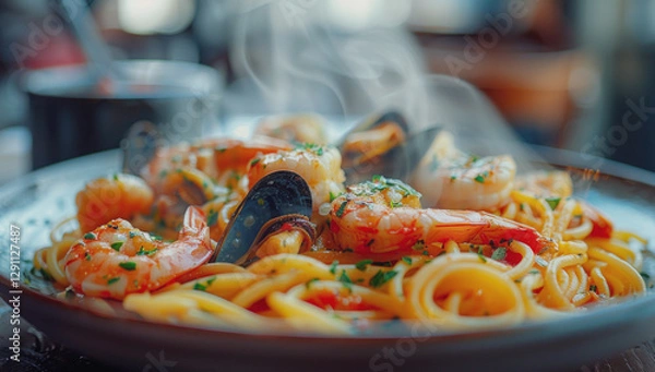Obraz Hot plate of spaghetti with large shrimp and mussels perfectly cooked pasta served with juicy flavorful pieces of seafood and a rich marinara sauce on the table.  Selective focus