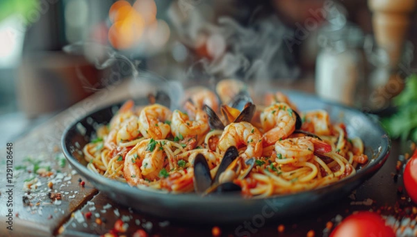 Obraz Hot plate of spaghetti with large shrimp and mussels perfectly cooked pasta served with juicy flavorful pieces of seafood and a rich marinara sauce on the table.  Selective focus