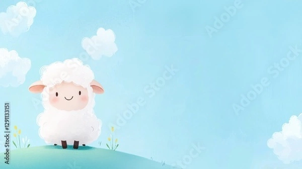 Obraz Cute Cartoon Sheep on a Green Hilltop with a Bright Blue Sky and Fluffy Clouds, Ideal for Children's Themes and Animal Illustrations