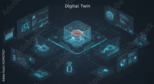 Fototapeta Illustration visualizing digital twin technology, featuring real-time virtual simulations, AI-driven analysis, and industrial applications.