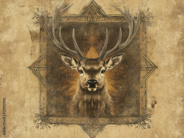 Fototapeta Majestic deer with symmetrical antlers framed in intricate design, showcasing nature beauty and elegance. stunning representation of wildlife art