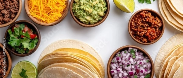 Fototapeta taco bar with ground beef, cheese, guacamole and toppings