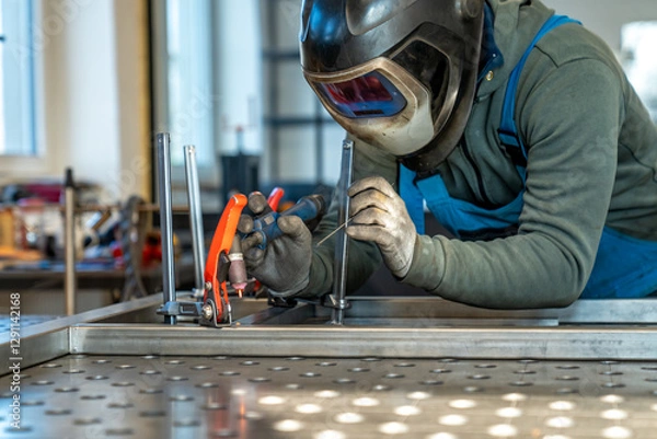 Obraz Welder joining metal parts using tungsten inert gas welding process