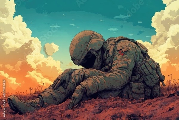 Fototapeta A Depressed Soldier Sitting Alone in a Field of Grass