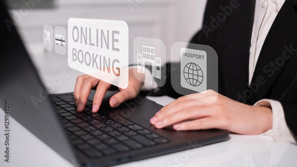Fototapeta Businessman online booking laptop smartphone digital cyberspace travel technology concept