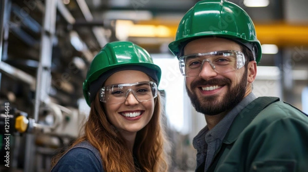 Fototapeta A woman and a man smile while dressed in green helmets and safety glasses in a factory environment, showcasing teamwork and safety