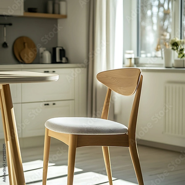 Fototapeta A Scandinavian-style dining chair with a smooth wooden frame and a light fabric cushion, placed in a bright, modern kitchen.