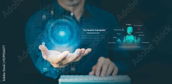 Obraz Agentic AI Cyber Security concept. Post Quantum Cryptography, Everything starts with security, editing development, and designing scam alert cloud Computing, Improvements, artificial intelligence