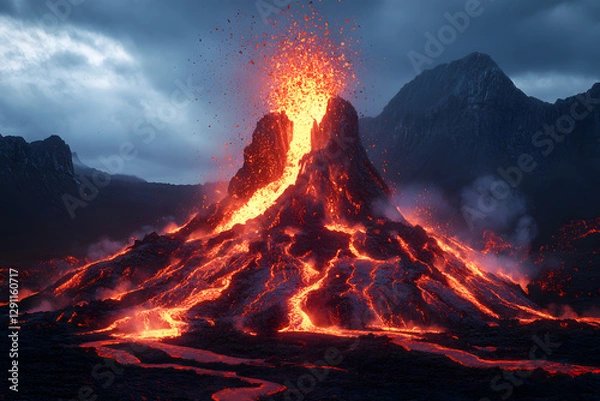 Fototapeta Erupting Volcano, Lava Flow, Mountain Range