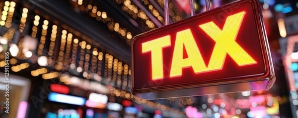 Fototapeta Illuminated sign displaying the word 'TAX' in a busy urban setting at night.