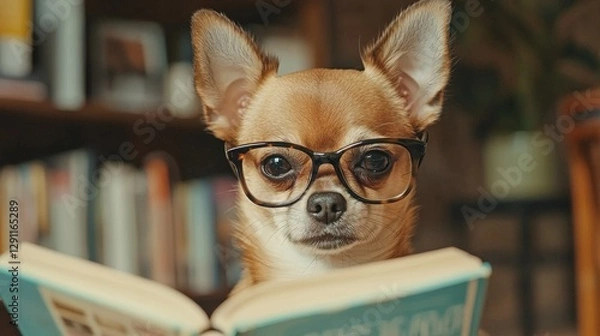 Obraz Curious Chihuahua Wearing Oversized Glasses Reading a Book