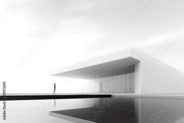 Fototapeta Black and white minimalist architectural visualization of a businessman walking near a modern office building with a large pool in front of it