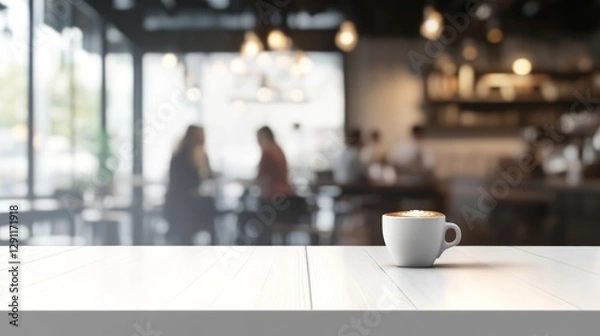 Fototapeta Sleek white rectangular wooden table with bright lighting and blurred chic cafe background featuring customers and coffee cups
