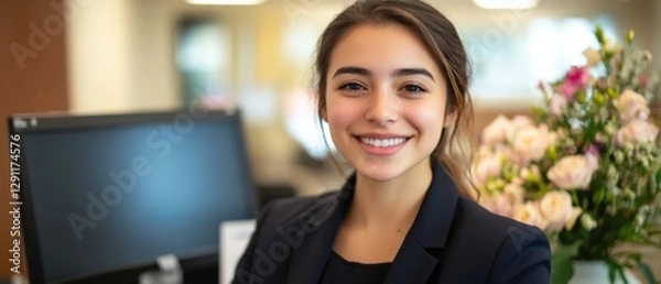 Fototapeta Smiling woman receptionist at desk with computer and flowers