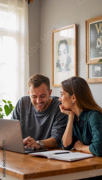 Obraz Group Sitting at Table with Laptop and Potted Plant