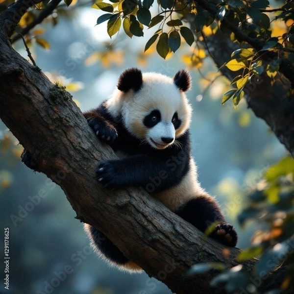 Fototapeta Panda trying to get down from the tree