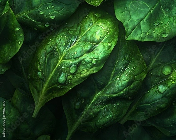 Fototapeta Photo realistic macro shot of fresh leafy green like spinach kale dew droplet visible leaf vibrant green tone soft natural lighting intricate texture centered composition golden ratio alignment ultra