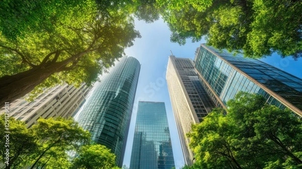 Fototapeta Tall skyscrapers surrounded by lush green trees under a clear sky