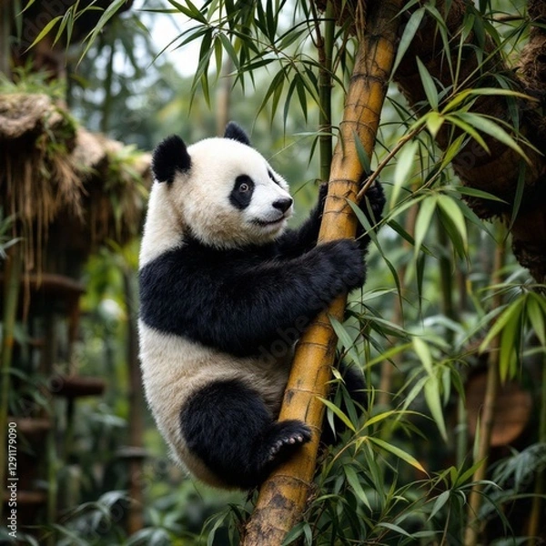 Obraz Panda climbing a bamboo tree 