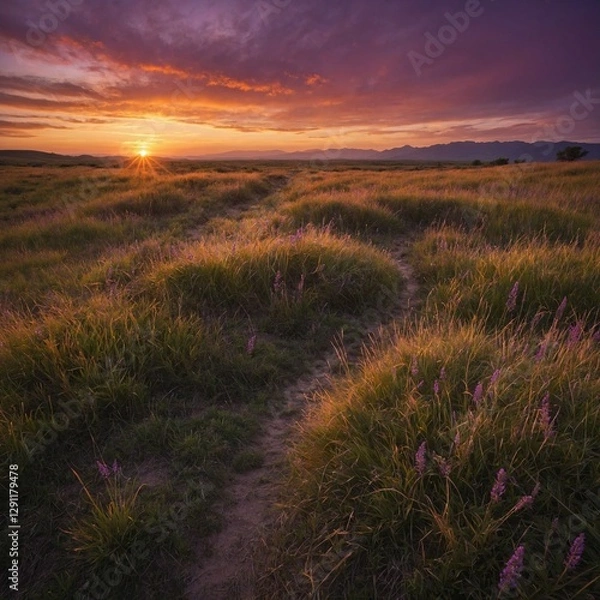 Obraz A dreamy grassland under an orange and purple sunset, with a trail lined by small white lights.