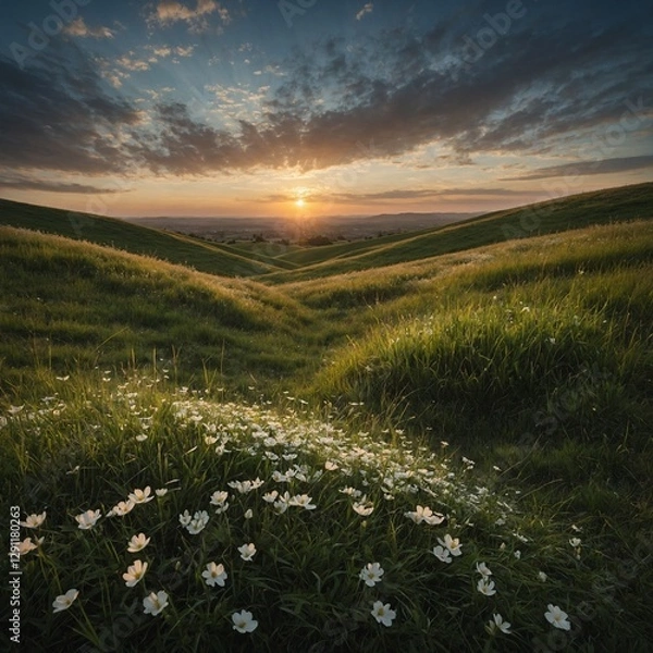 Obraz A quiet hill covered in grass, with the last rays of the sunset painting the sky and soft white petals falling.