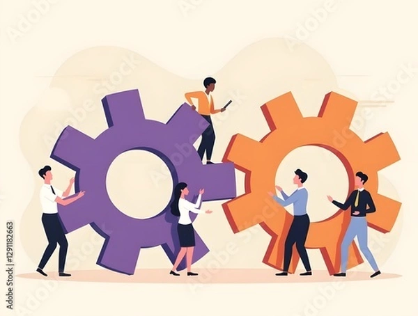 Fototapeta BusinessTeamwork concept. Contemporary flat style abstract vector illustration of a company of diverse people establishing a work process in the form of gears. Isolated on background. Generative ai