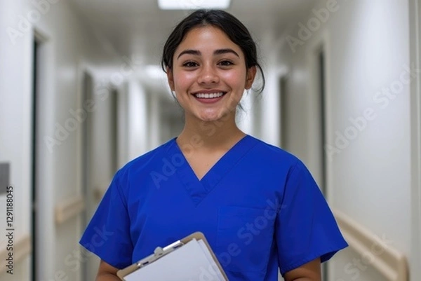 Fototapeta Smiling healthcare professional in blue scrubs holding clipboard