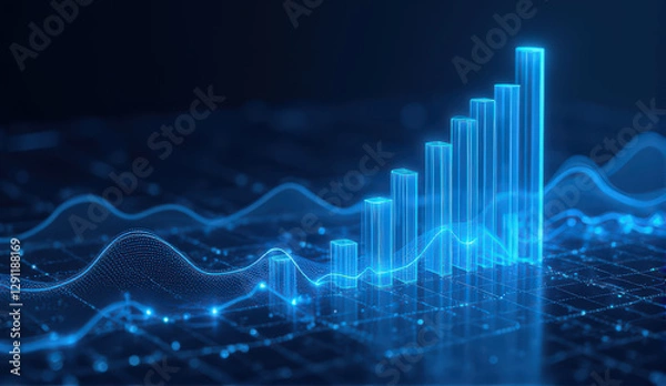 Fototapeta glowing blue 3D bar graph rises on digital grid, symbolizing data growth and futuristic analytics. background features network of interconnected lines and dots, enhancing technological theme
