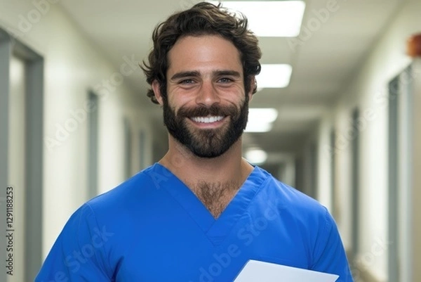 Fototapeta Smiling healthcare professional in scrubs holds paperwork in hos