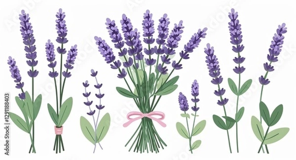 Fototapeta Set bundle of lavender sprigs minimalist childish style illustration on plain white background