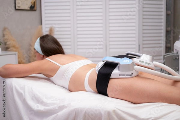 Fototapeta professional electrostimulation session, close up view o therapist applying EMS device on woman in modern clinic, muscle toning, body sculpting, fitness industry