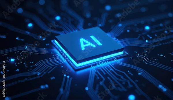 Fototapeta glowing AI chip is centered on circuit board, symbolizing advanced technology and innovation. blue lighting highlights intricate connections, representing future of artificial intelligence