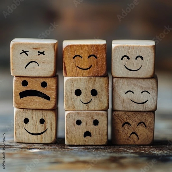 Fototapeta Wooden Blocks Displaying a Spectrum of Human Emotions