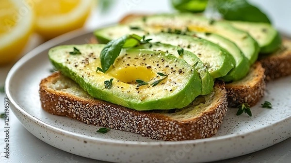Fototapeta Fresh avocado toast slices on plate with lemon slices and herbs