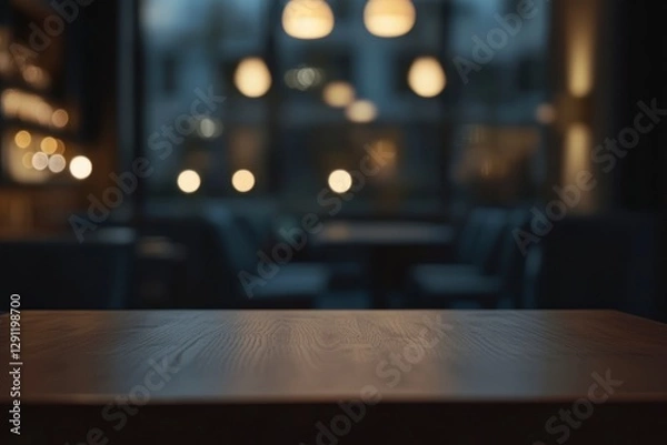 Fototapeta Beautiful blurred background of an empty wooden table in the foreground and a dark, blurred bokeh of a modern restaurant interior with soft lighting from lamps at night