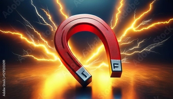 Fototapeta a red horseshoe magnet attracts yellow lightning bolts symbolizing powerful attraction and energy