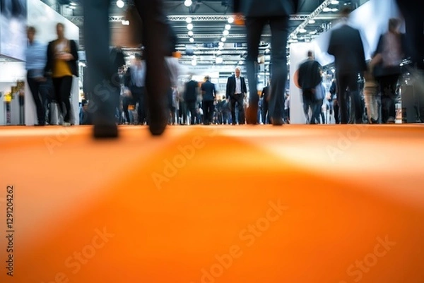 Obraz Blurred Motion of a Crowd Walking on an Orange Carpet at a Trade Show