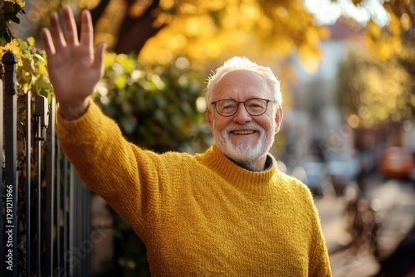 Fototapeta Joyful Senior Man in Yellow Pullover Greeting Neighbour with a Wave at the Fence