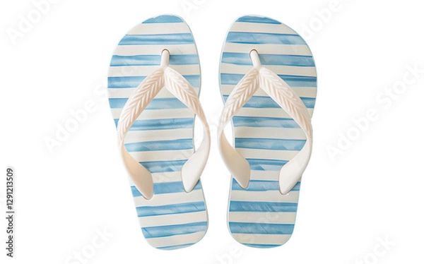 Fototapeta A pair of blue and white striped flip-flop sandals with white straps adorned with embossed leaves. They are placed side by side, highlighting the design and details of the straps.