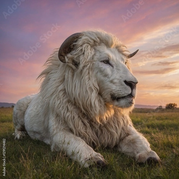 Obraz A peaceful white Raam Animalas resting on a meadow under a pastel-colored sunset sky.